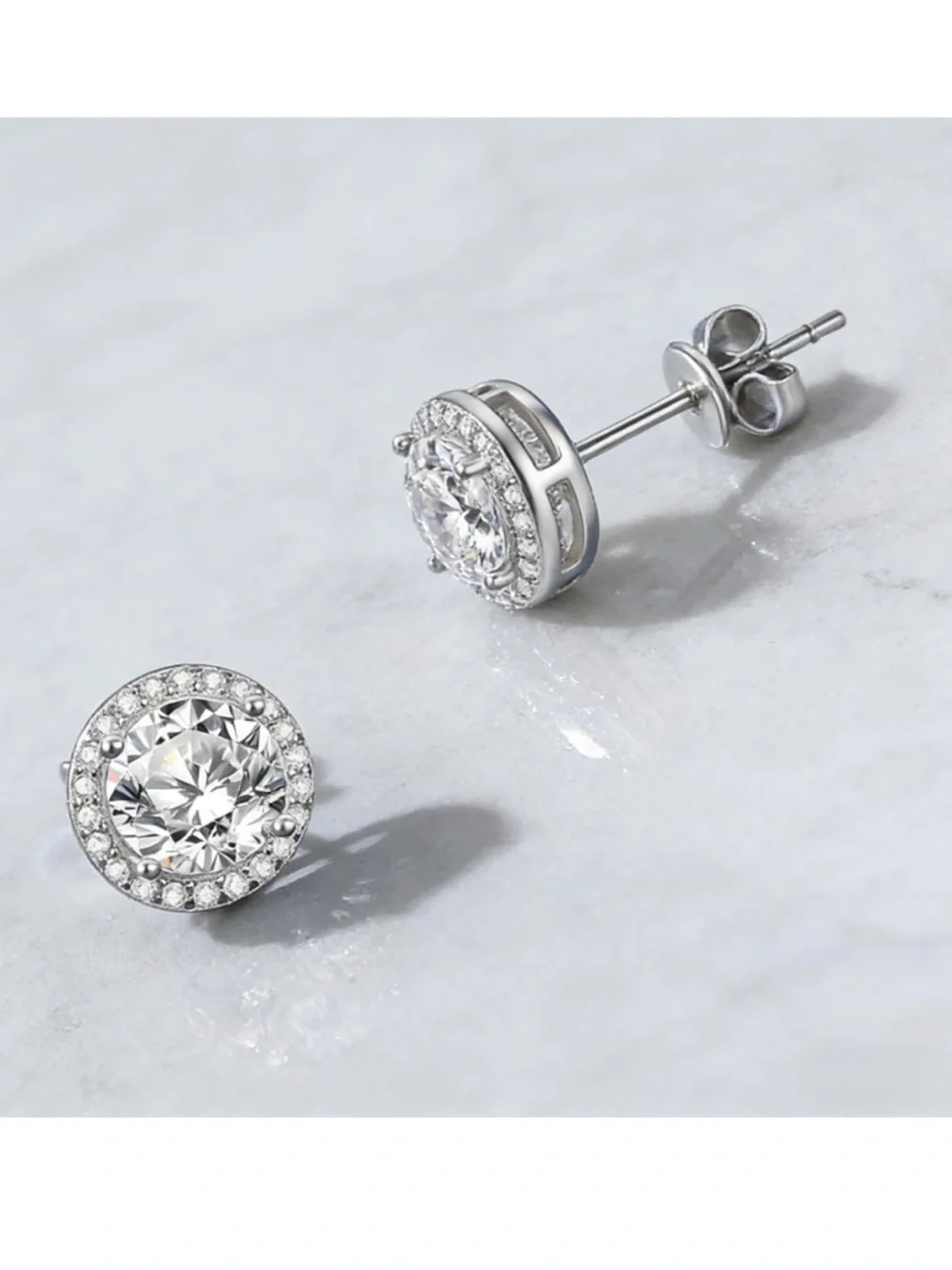 Sterling Silver Halo Round Cubic Zirconia Stud Earrings - White - Picture 4 of 4